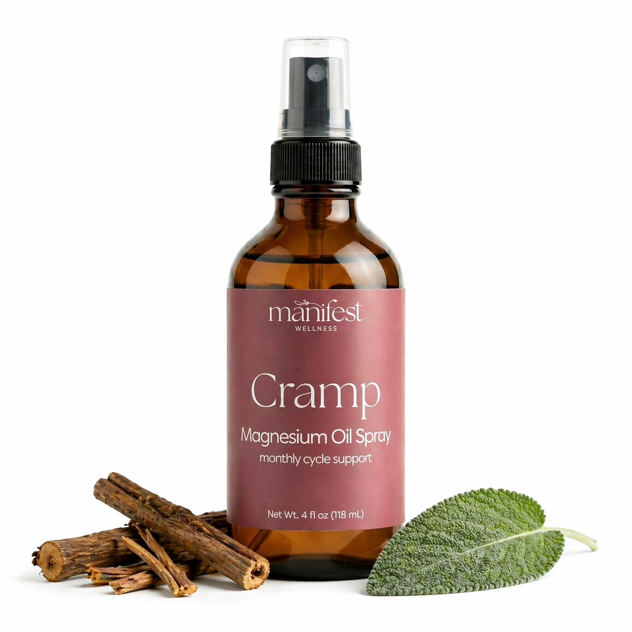 Bottle of manifest wellness Cramp Magnesium Oil Spray with cramp bark and clary sage herbs around the bottle and a white background