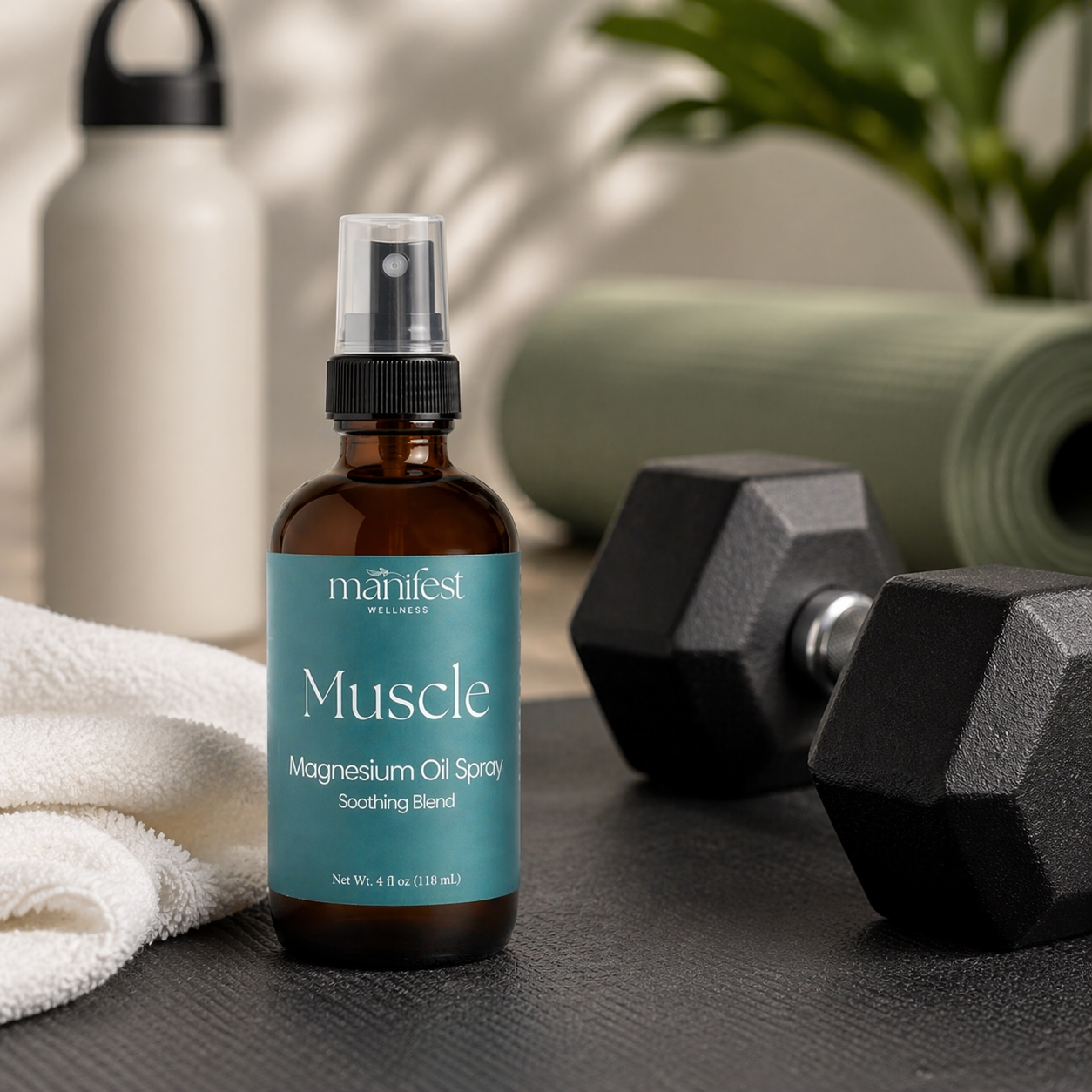 Bottle of Muscle Magnesium Oil Spray by manifest wellness on a surface with weights and towel in the background.