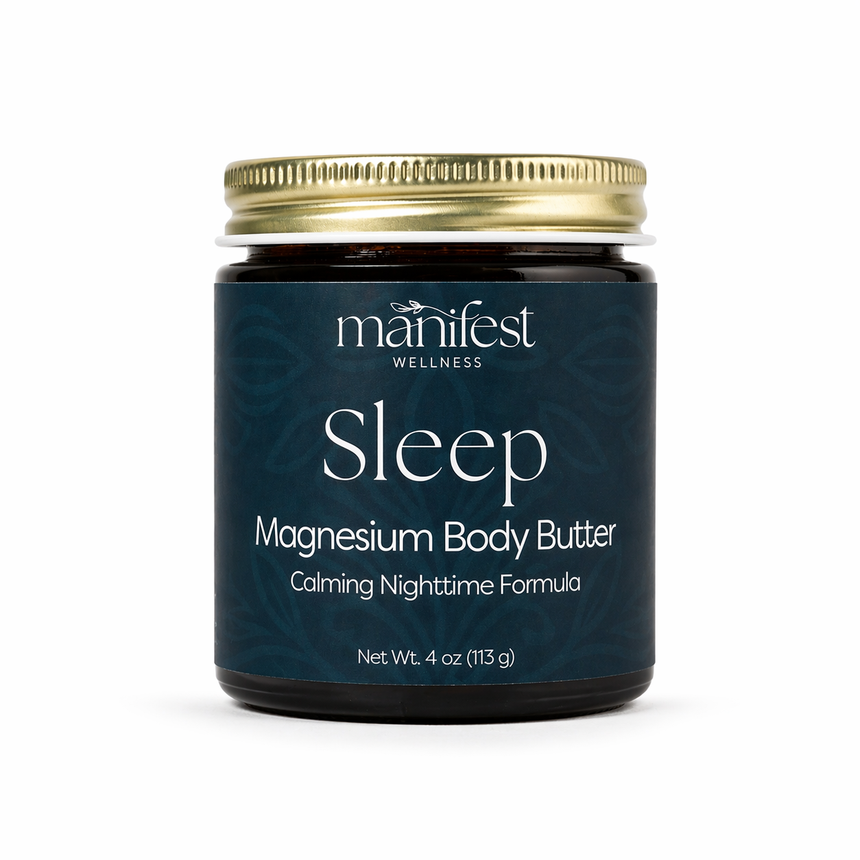 Manifest Wellness Sleep Magnesium Body Butter amber jar with a gold lid on a white background