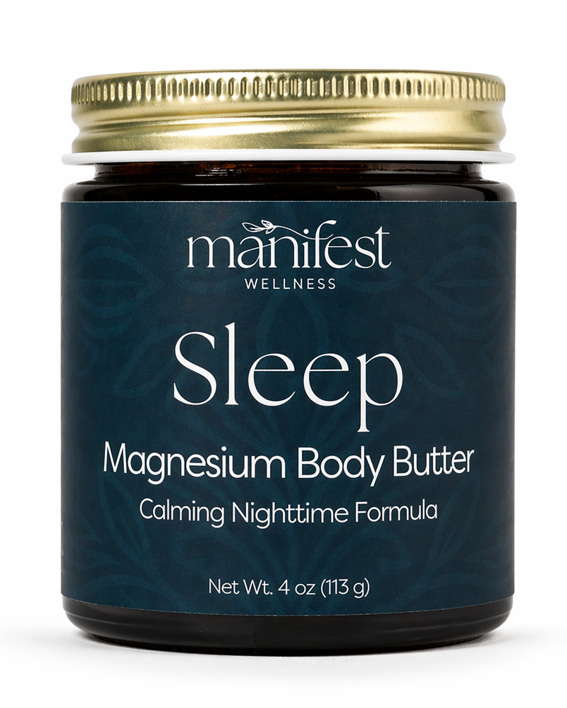 Manifest Wellness Sleep Magnesium Body Butter amber jar with a gold lid on a white background