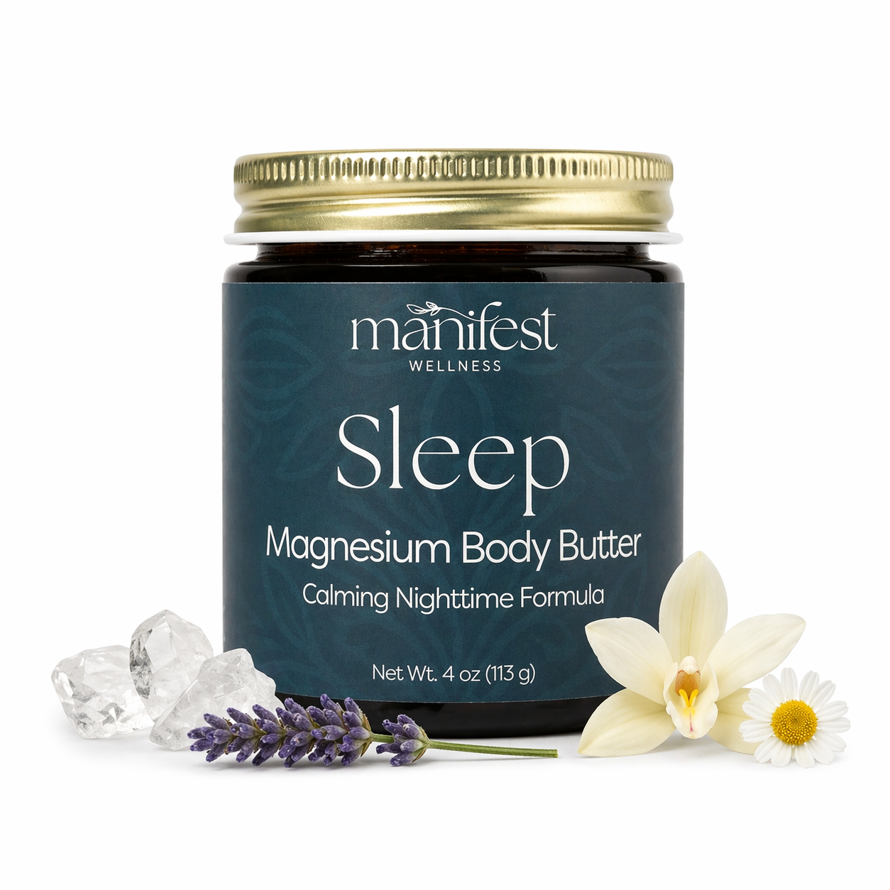 Manifest Wellness Sleep Magnesium Body Butter jar with flowers and magnesium chloride on a white background