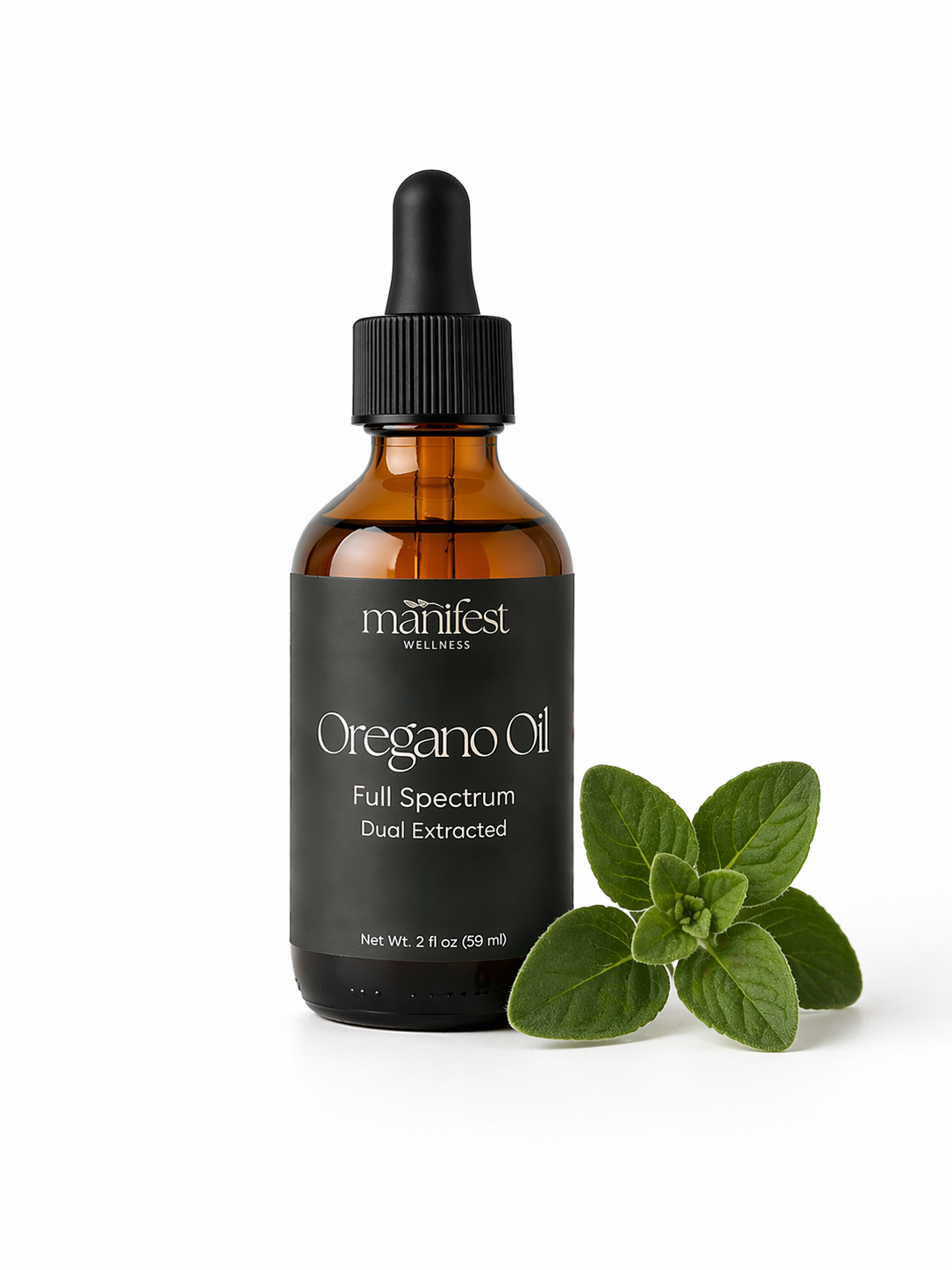 Manifest Wellness Oregano Oil bottle with a dropper on a white background