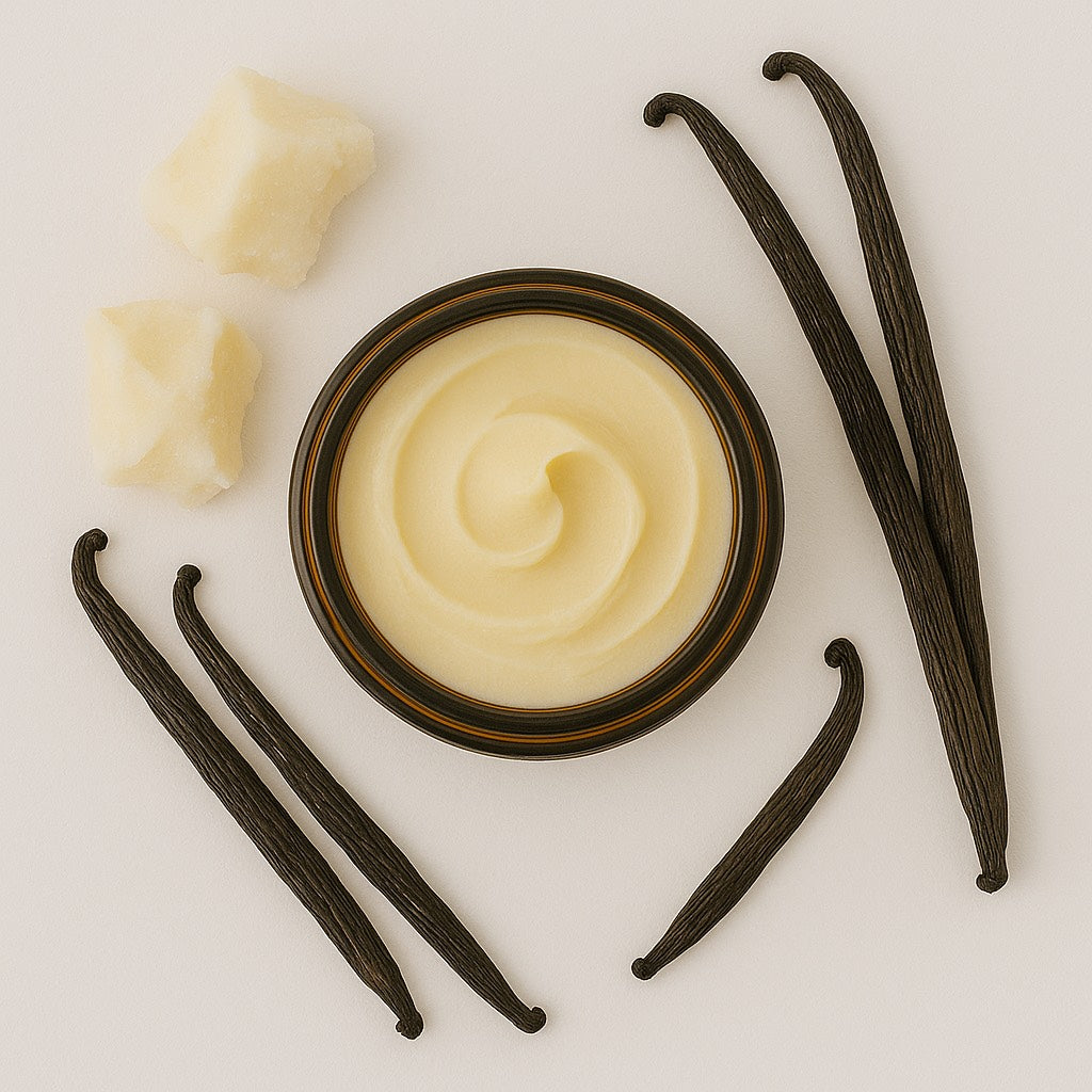 A view looking down at an open amber glass jar of creamy yellow vanilla tallow butter with vanilla beans and tallow around the jar.