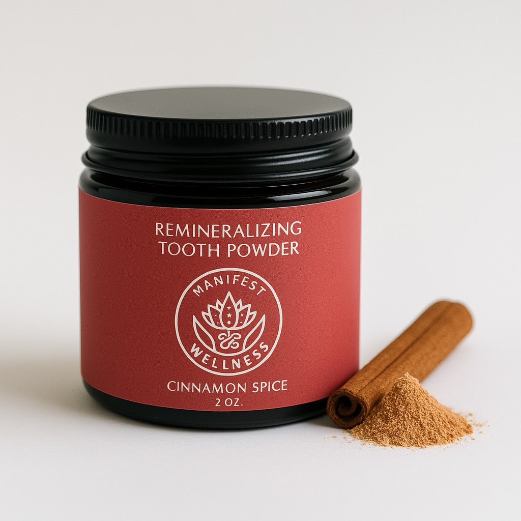 A glass jar of remineralizing tooth powder with a label that reads &
