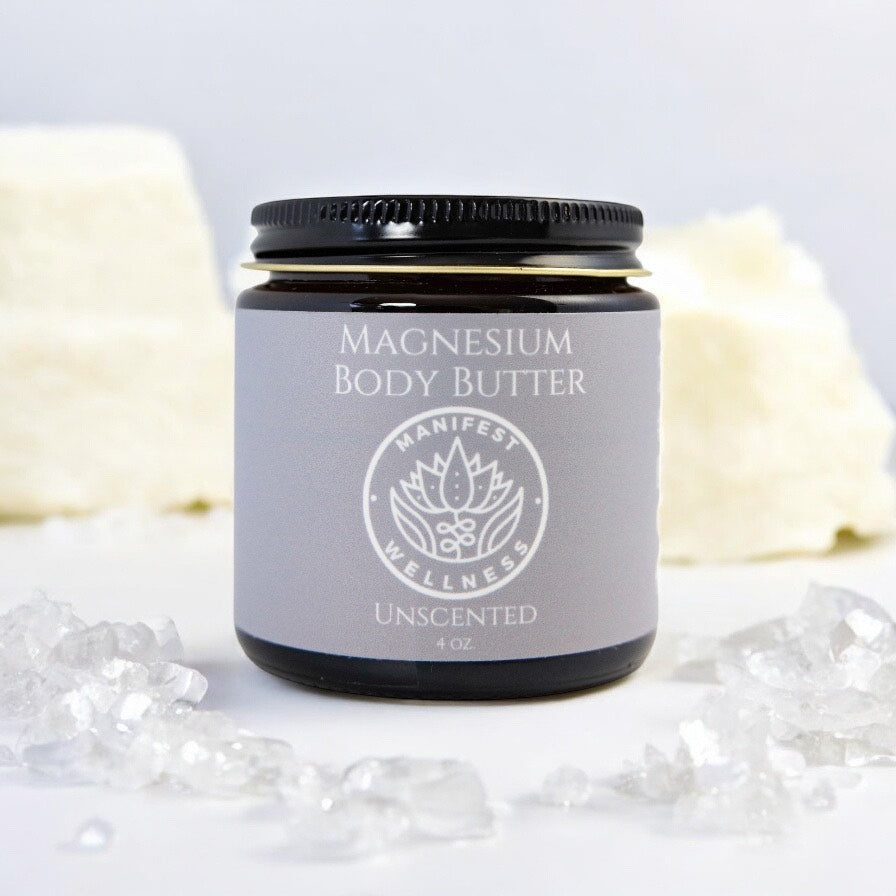 Unscented Magnesium Butter in a 4 oz amber glass jar with a black metal lid.