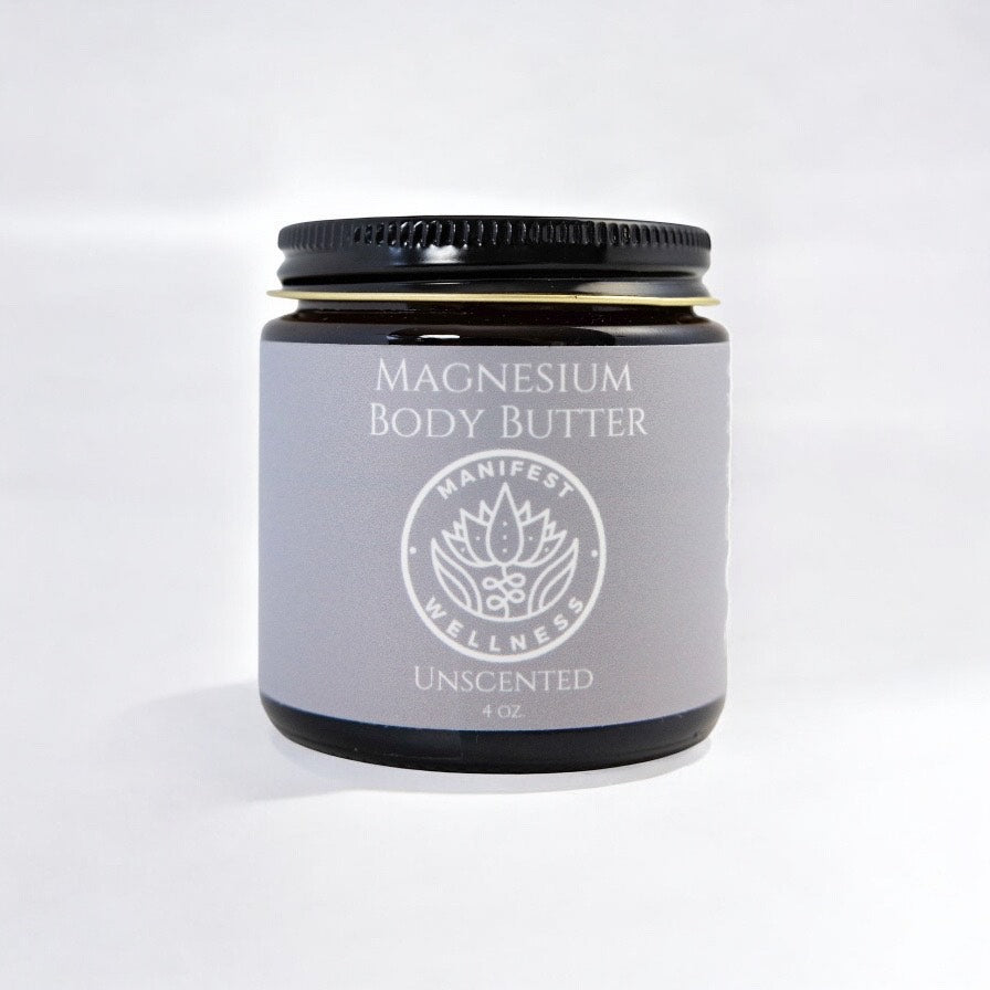 Unscented Magnesium Butter in a 4 oz amber glass jar with a black metal lid.