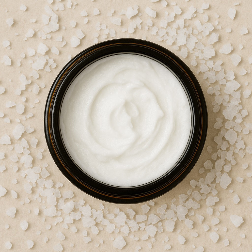 Looking down on an open glass jar of white magnesium sleep body butter on a beige background with small magnesium chloride flakes around.