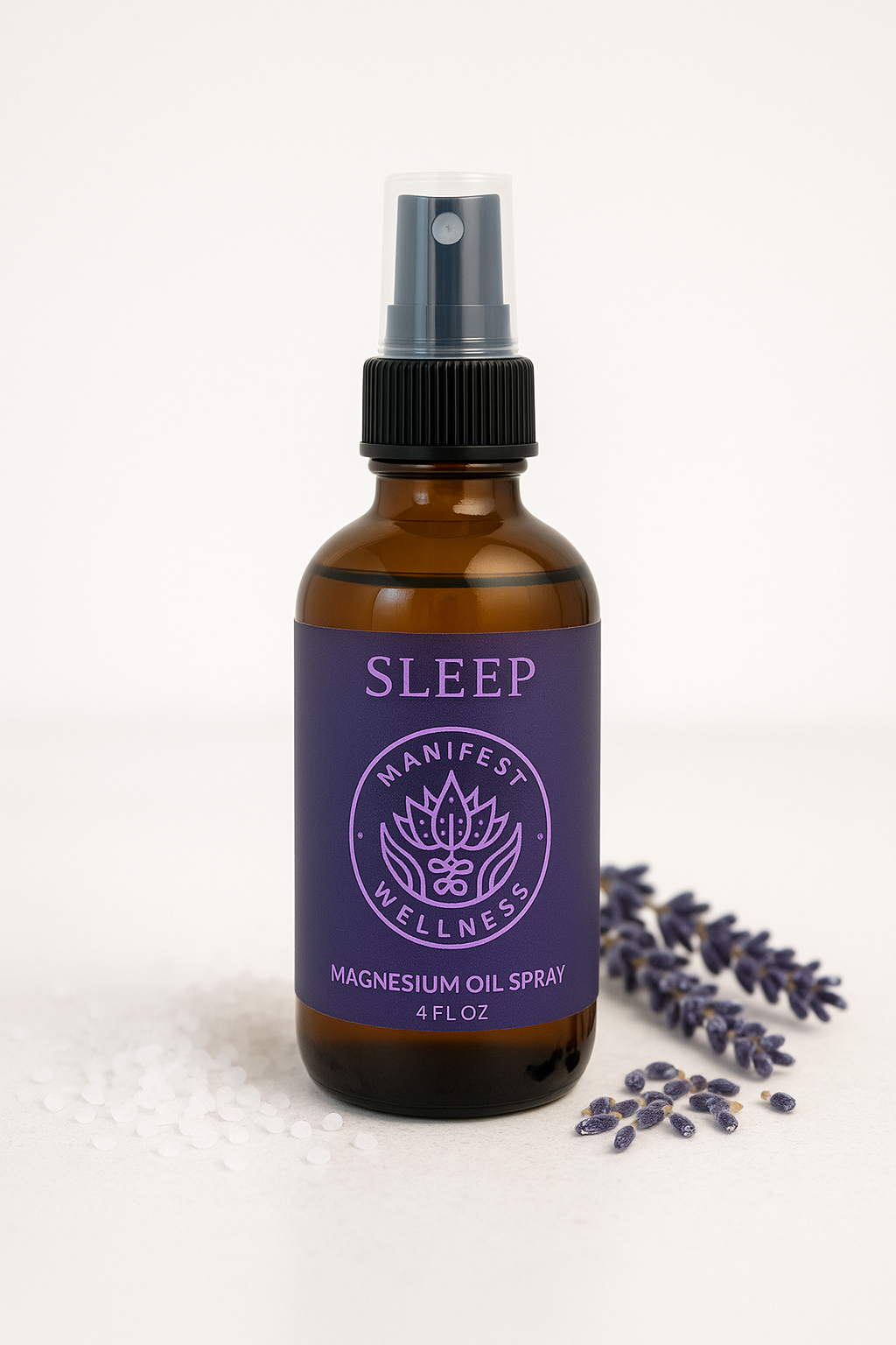 A 4 oz amber glass bottle of Magnesium Sleep Spray with a black sprayer lid.