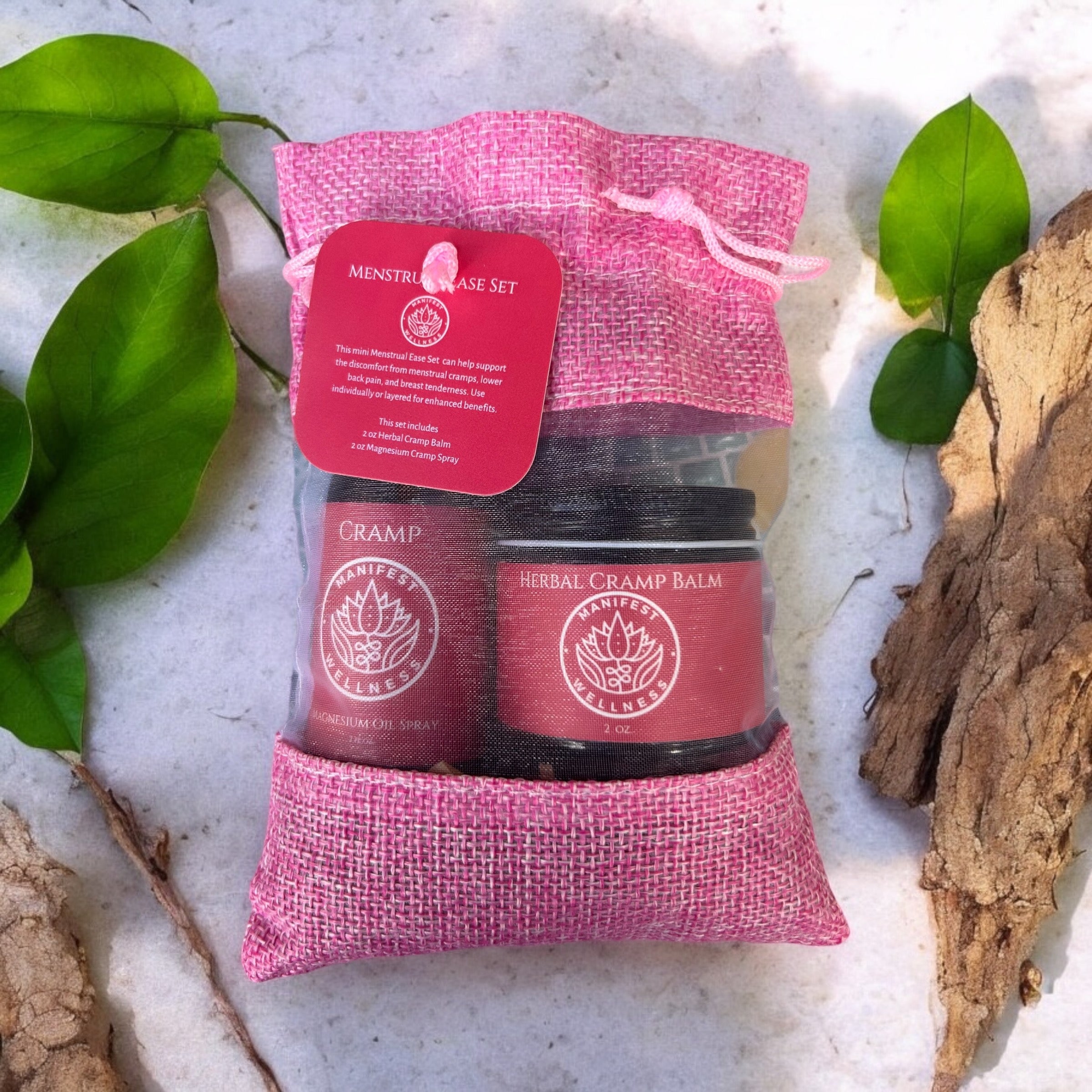 A Menstrual Ease Set consisting of two jars, one labeled &