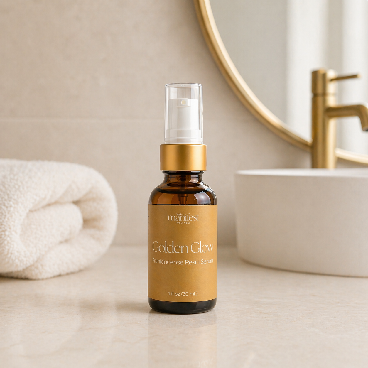 Manifest Golden Glow Resin Serum bottle on a bathroom counter with a mirror and towel in the background.