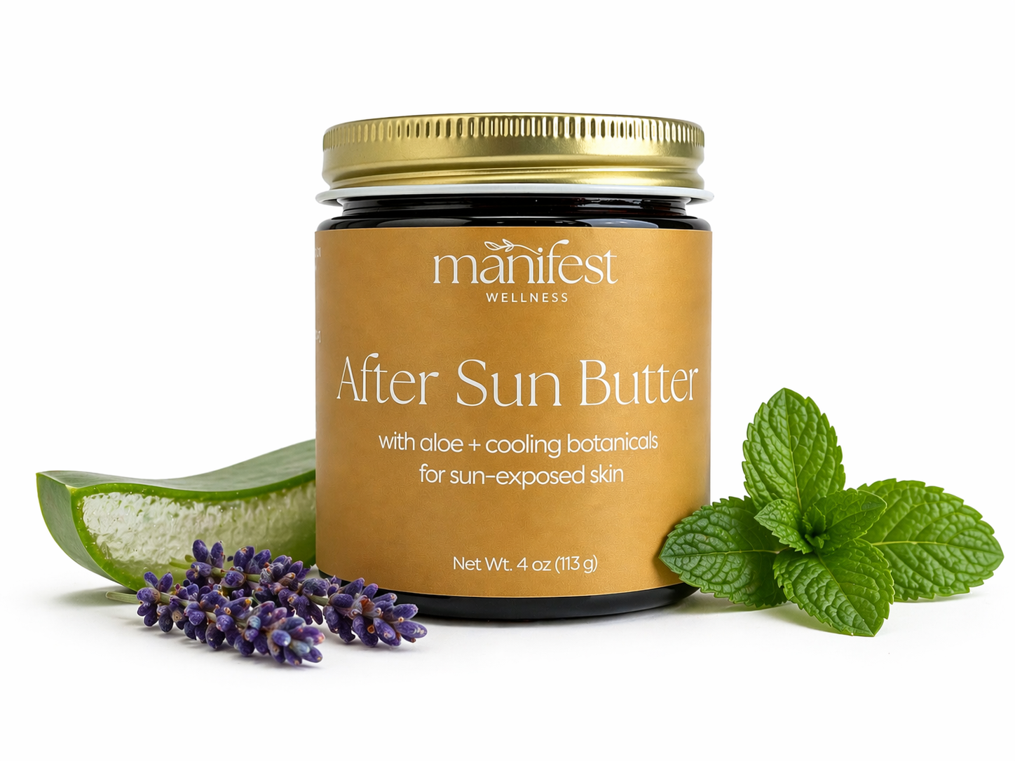 Manifest Wellness After Sun Butter jar with aloe vera, lavender, and mint leaves on a white background