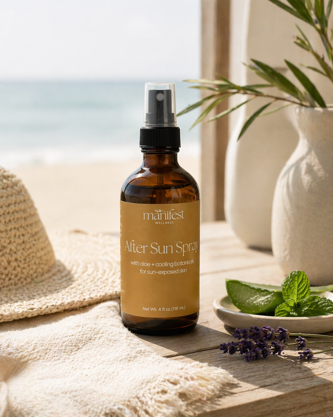Manifest After Sun Spray bottle on a wooden surface with a scenic background 