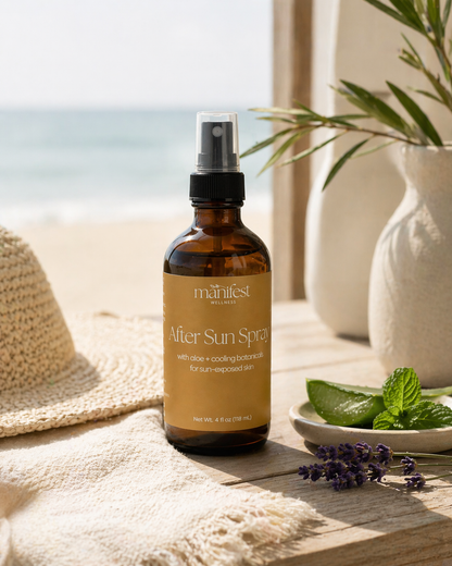 Manifest After Sun Spray bottle on a wooden surface with a scenic background 