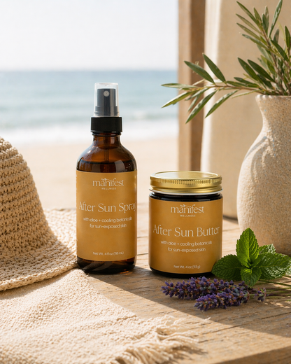 Manifest After Sun products on a beach setting with ocean view