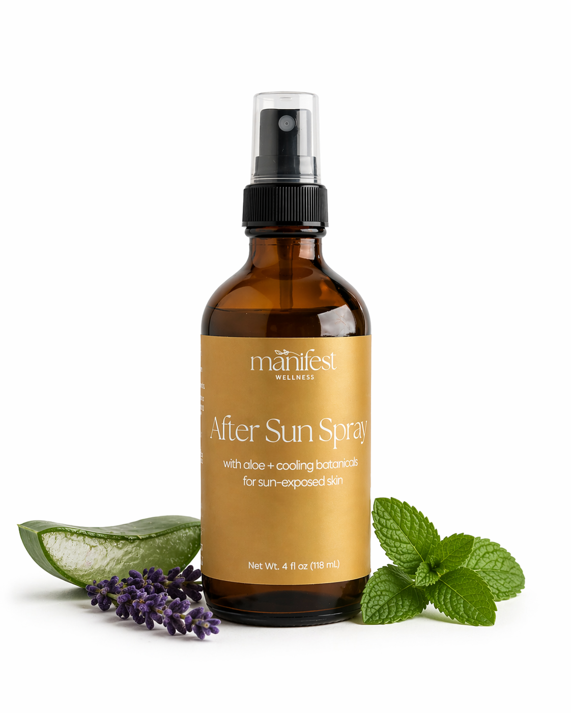 Bottle of Manifest Wellness After Sun Spray with aloe vera, lavender, and mint leaves on a white background