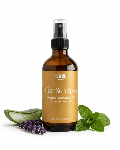 Bottle of Manifest Wellness After Sun Spray with aloe vera, lavender, and mint leaves on a white background