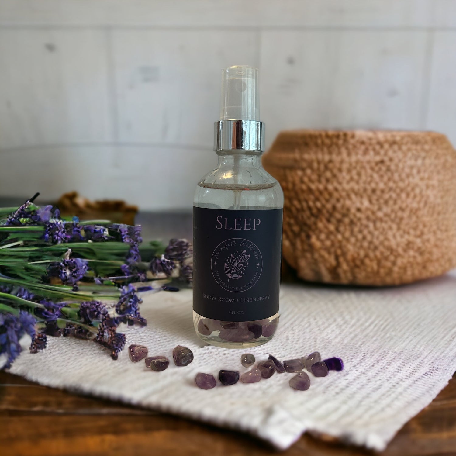 Sleep Essential Oil + Amethyst Infused Body/Room/Linen Aromatherapy Spray with Lavender, Vanilla, and Sandalwood Oils