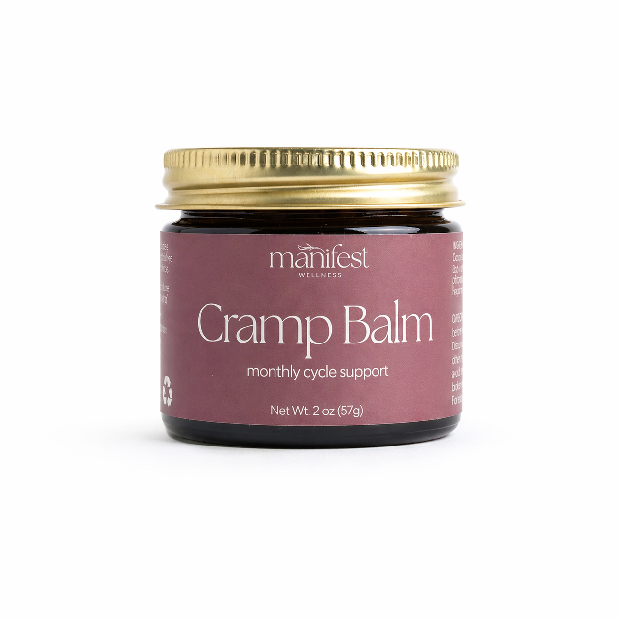 Jar of Cramp Balm by Manifest Wellness with gold lid on a white background
