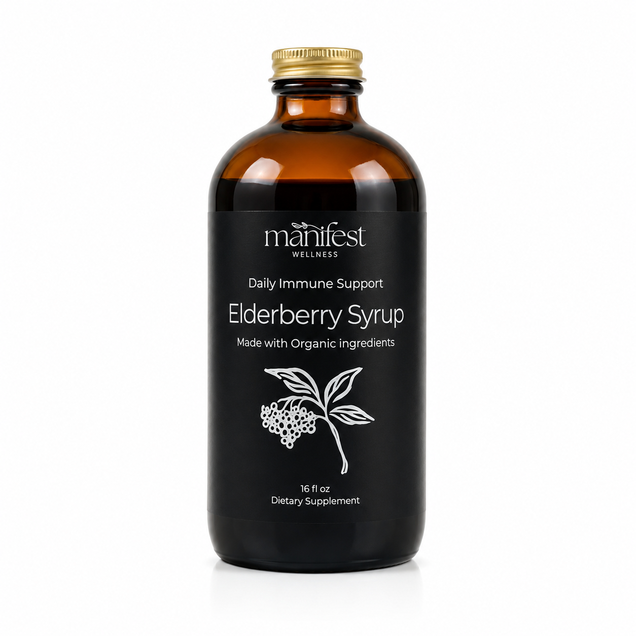 A 16 fl oz amber glass bottle of Manifest Wellness Elderberry Syrup with a black label and gold cap, shown on a white background.