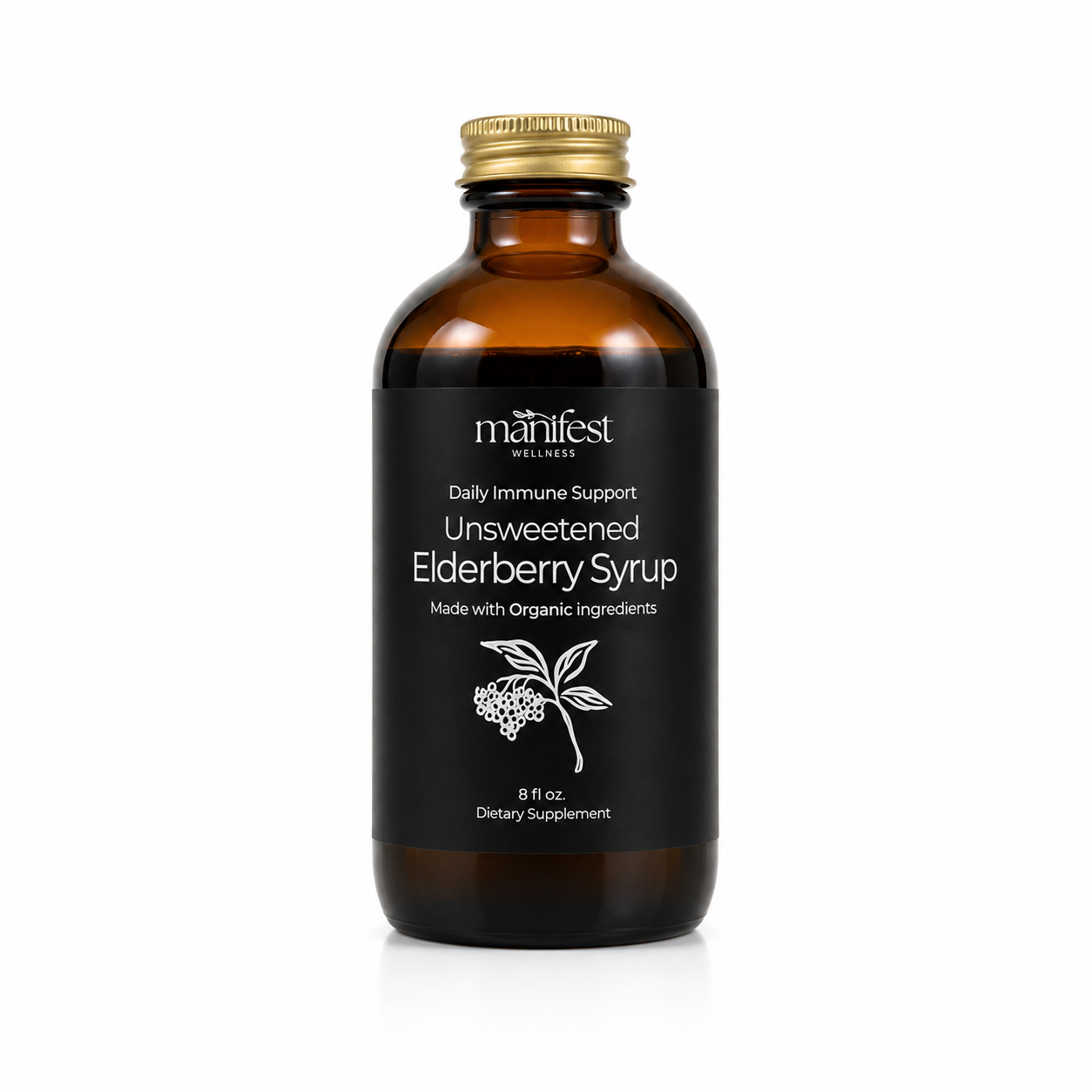 An 8 fl oz amber glass bottle of Manifest Wellness Unsweetened Elderberry Syrup with a black label and gold cap, shown on a white background.