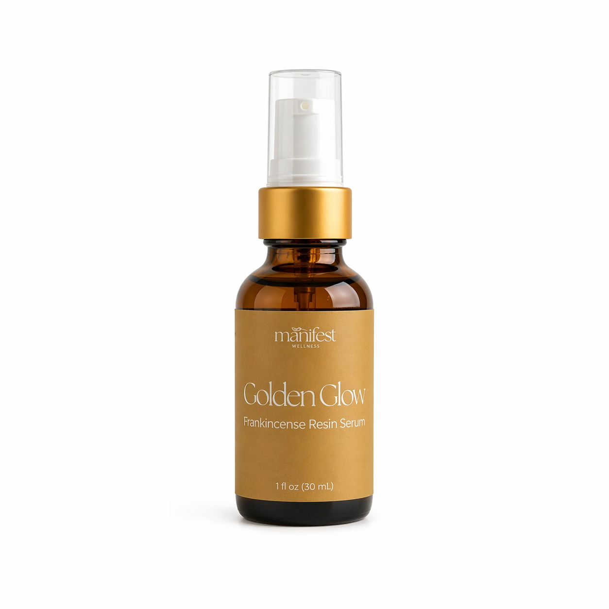 Manifest Wellness Golden Glow Frankincense Resin Serum in an amber bottle with a gold lid on a white background