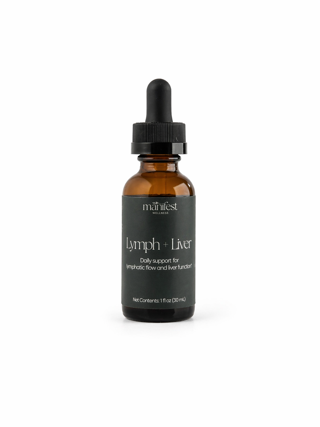Brown glass dropper bottle with black label Lymph + Liver Tincture by Manifest Wellness on a white background