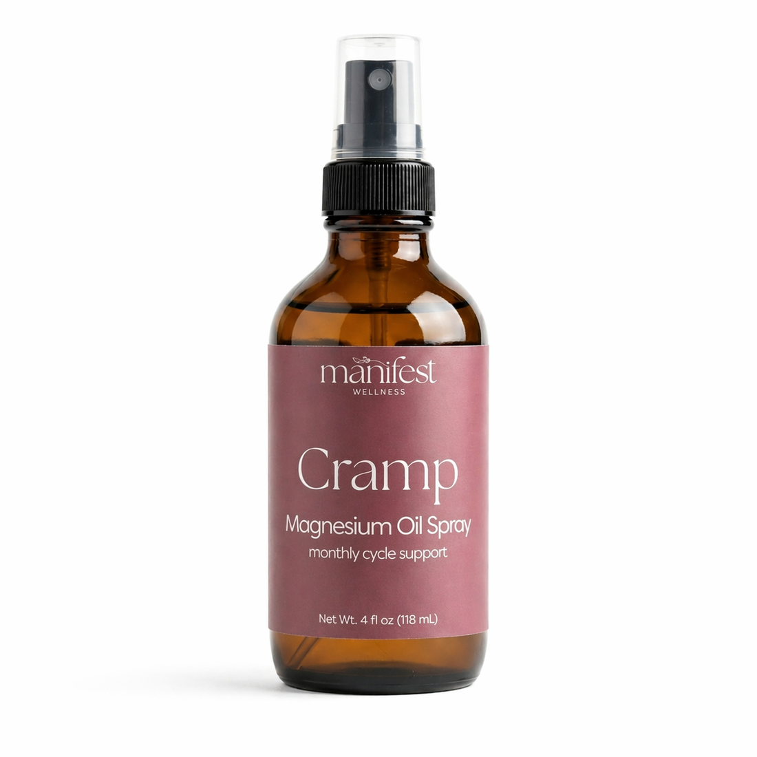 Magnesium Cramp Spray  in brown glass bottle with pink label on a white background