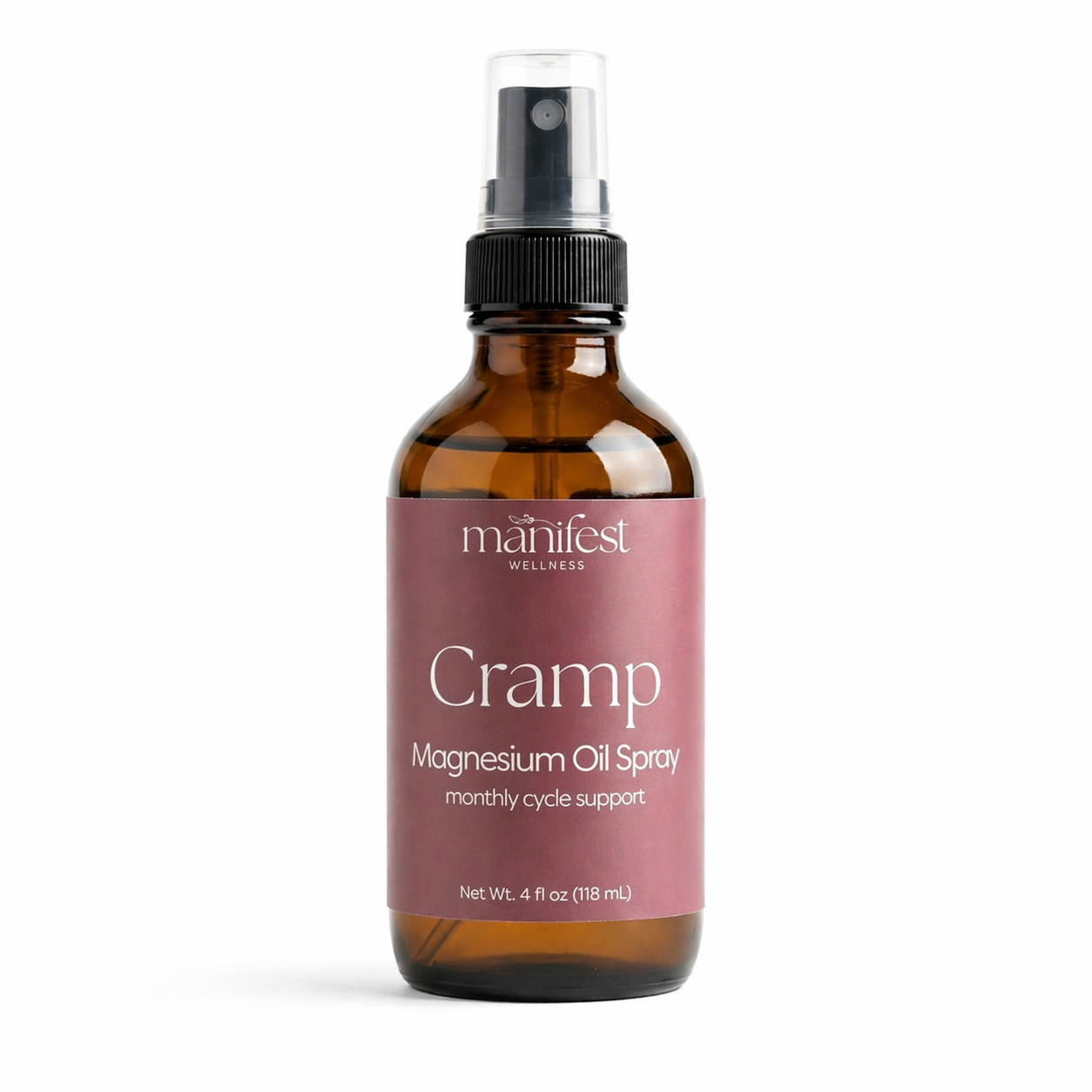 Magnesium Cramp Spray  in brown glass bottle with pink label on a white background