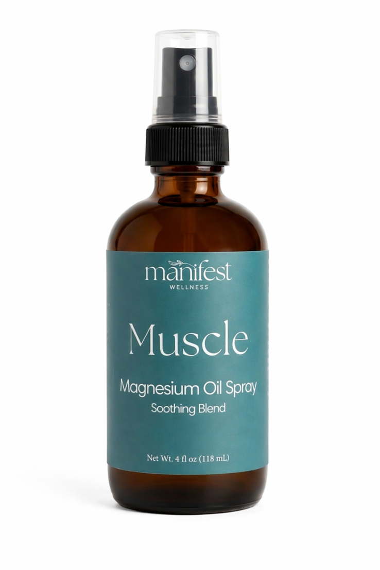 Bottle of Muscle Magnesium Oil Spray by manifest wellness on a white background