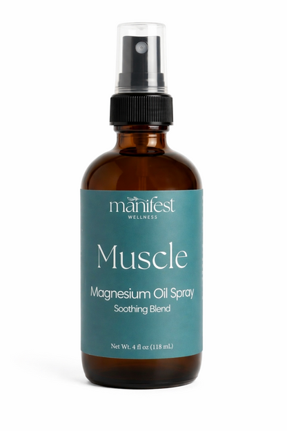 Bottle of Muscle Magnesium Oil Spray by manifest wellness on a white background