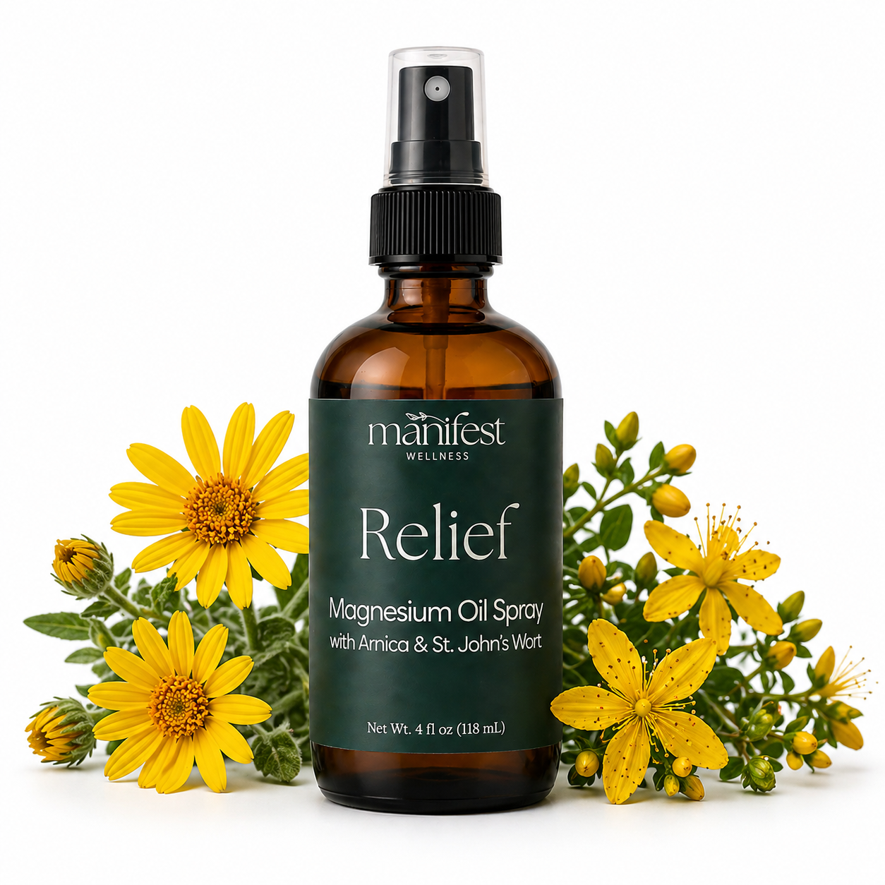 Bottle of Manifest Wellness Relief Magnesium Oil Spray with yellow flowers on a white background