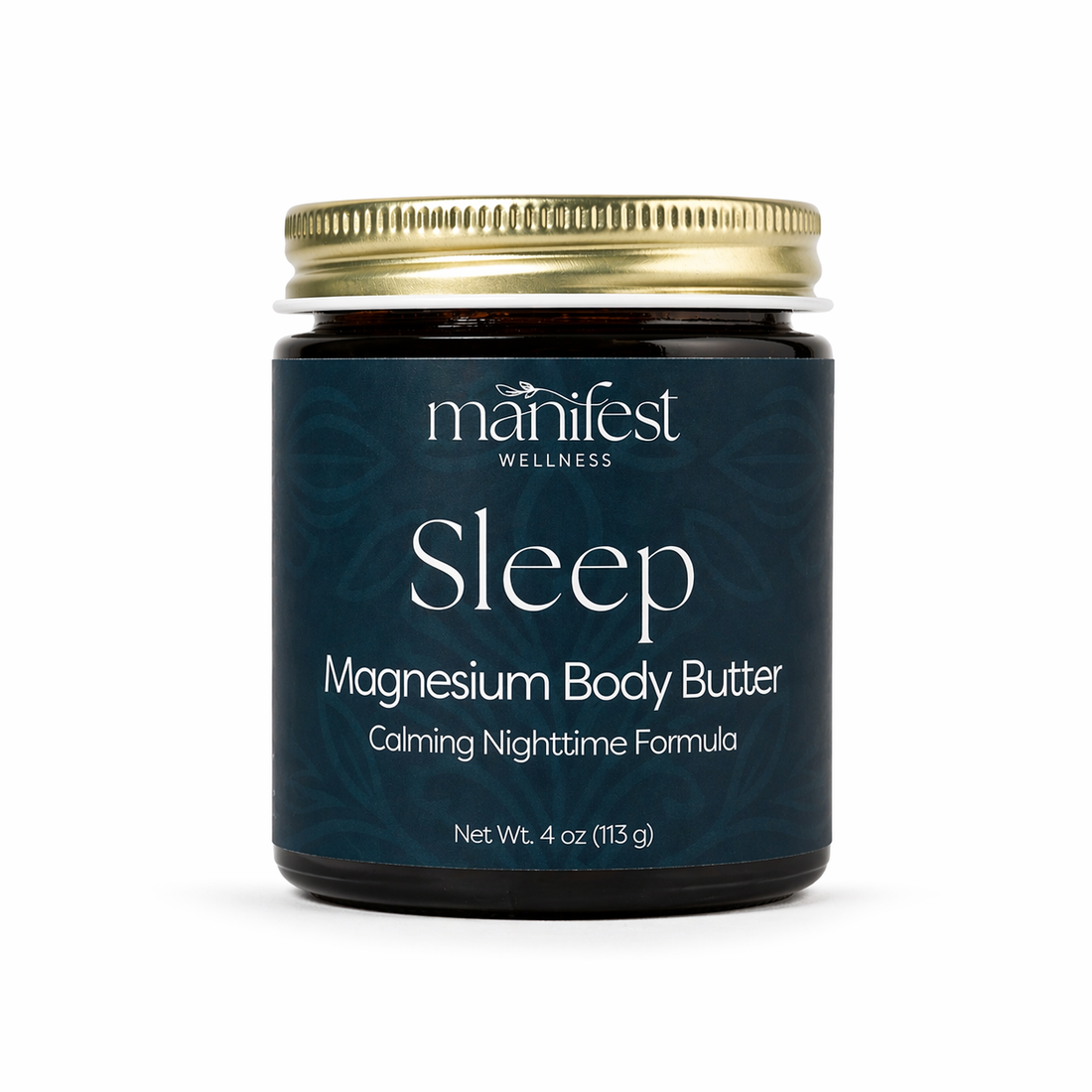 Manifest Wellness Sleep Magnesium Body Butter amber jar with a gold lid on a white background