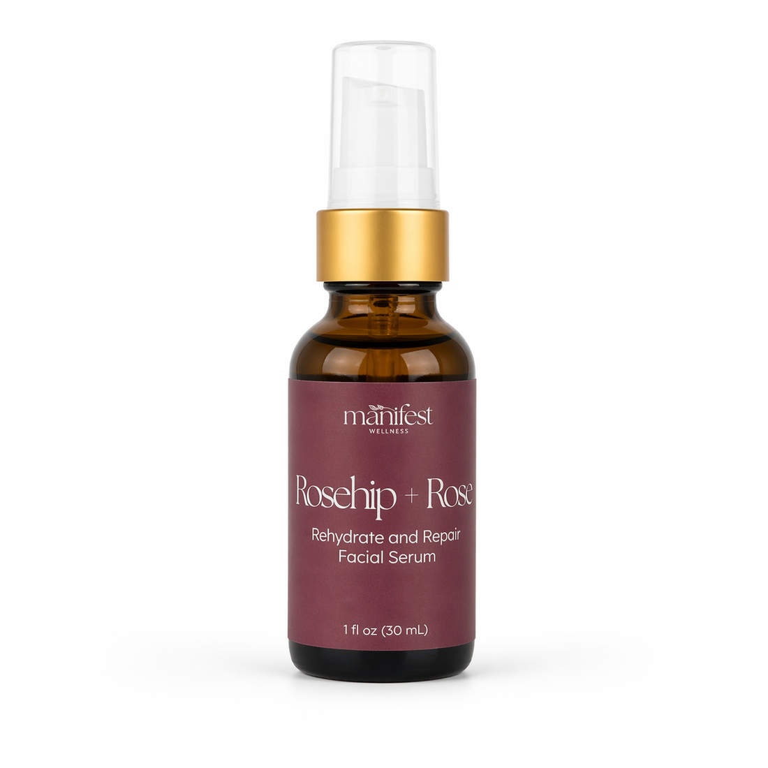 An amber bottle of Rosehip and Rose Serum by Manifest Wellness with gold cap and maroon label on a white background
