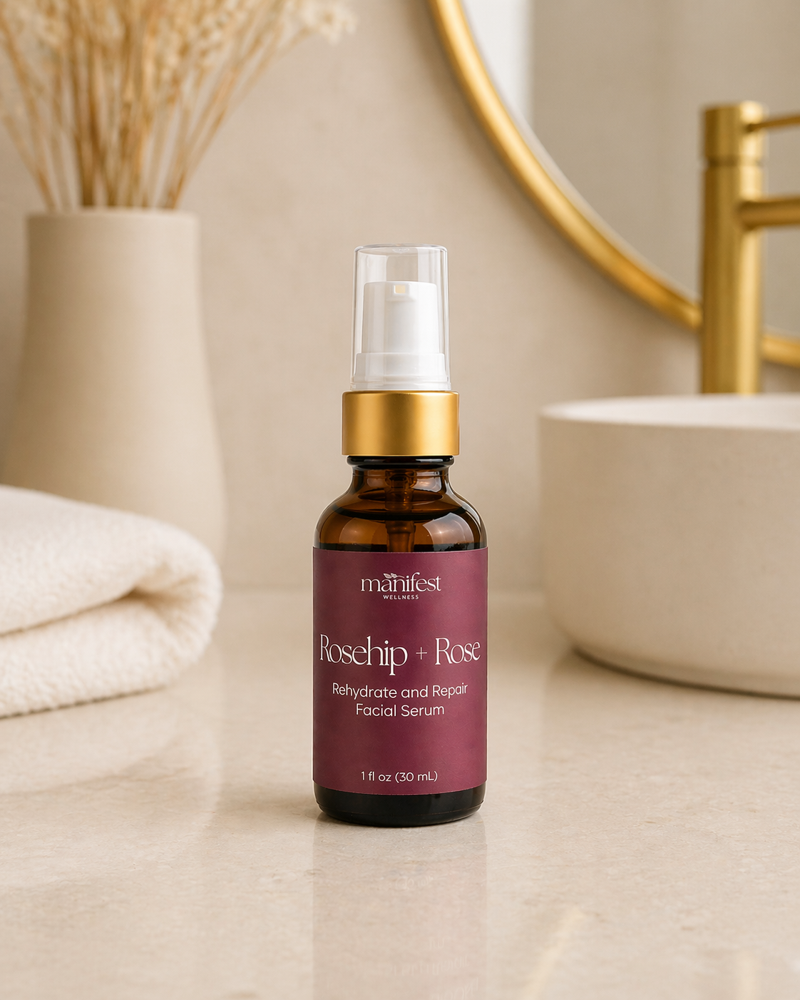 Amber bottle of Rosehip + Rose Serum by Manifest Wellness with gold cap on a bathroom counter with a mirror, sink and folded towel.