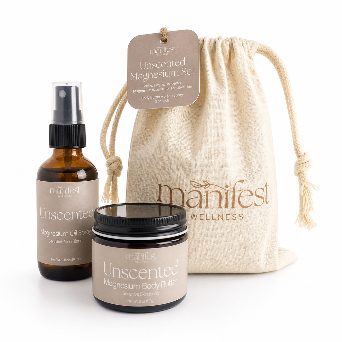 Magnesium Unscented Body Butter + Oil Set for Sensitive Skin and Daily Use