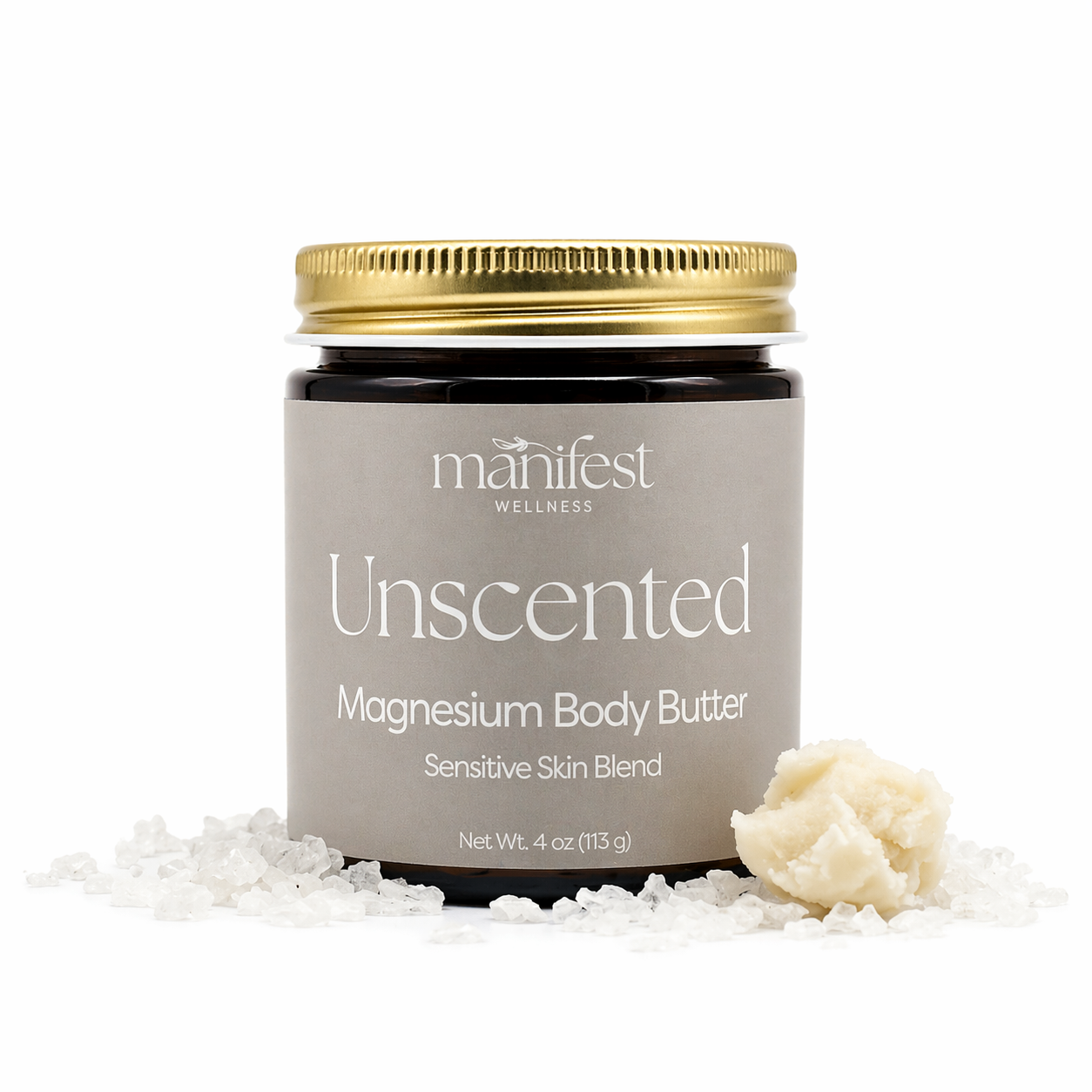 Manifest Wellness unscented magnesium body butter jar with a gold lid on a white background