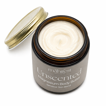 Jar of manifest Unscented Magnesium Body Butter on a white background