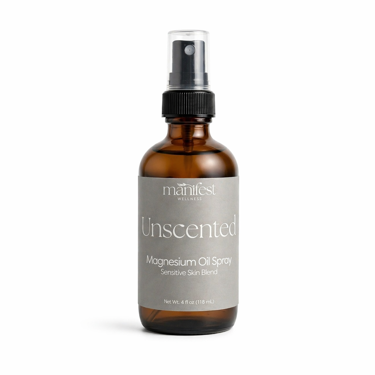 Brown glass bottle with a grey label for Unscented Magnesium Spray by Manifest Wellness on a white background