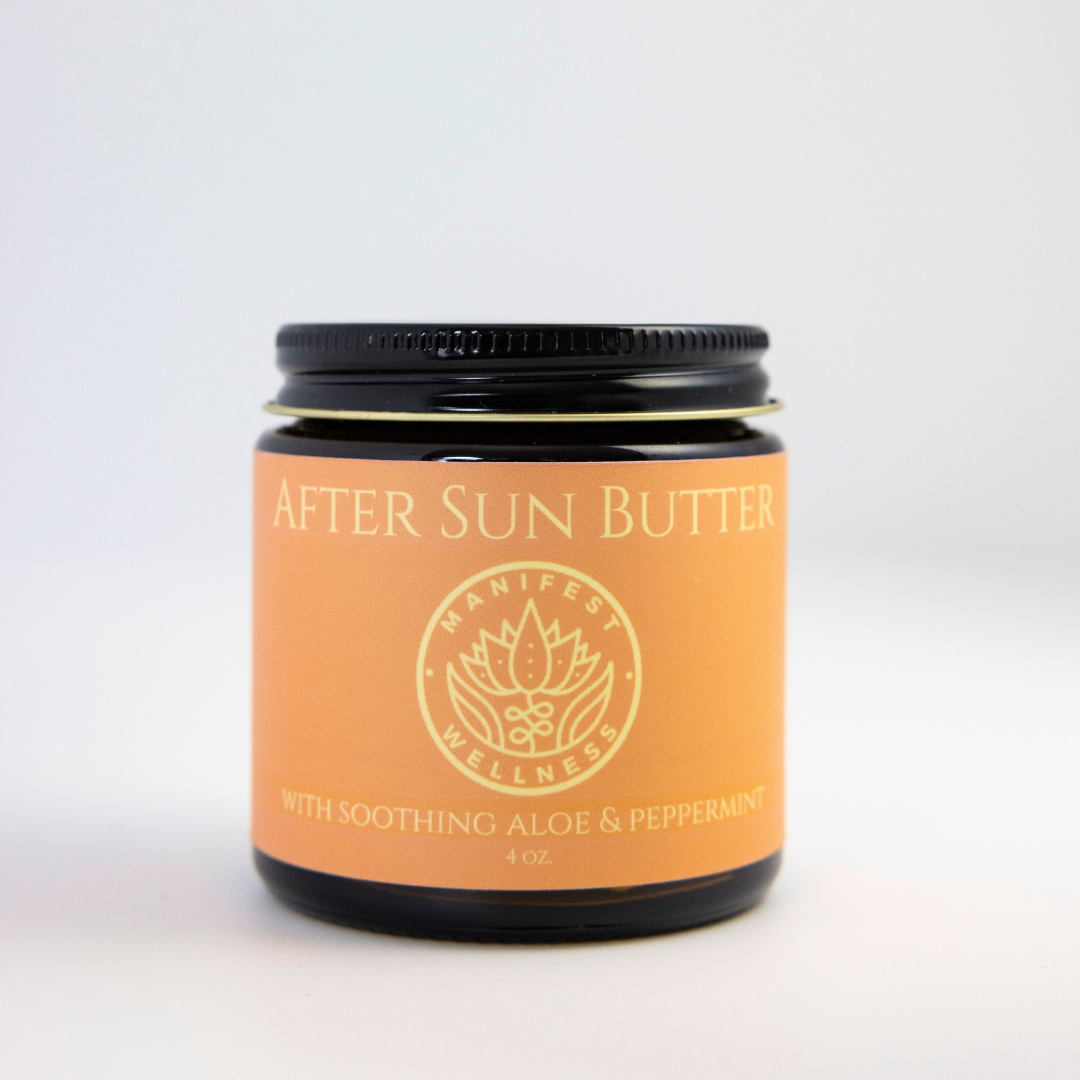 Glass Jar of After Sun Butter from Manifest Wellness on a white