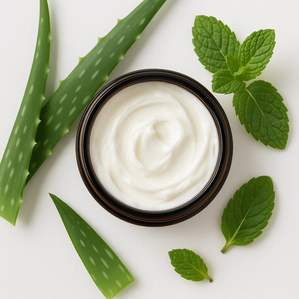 A glass jar of white after sun body butter with aloe vera leaves and mint leaves on a white background