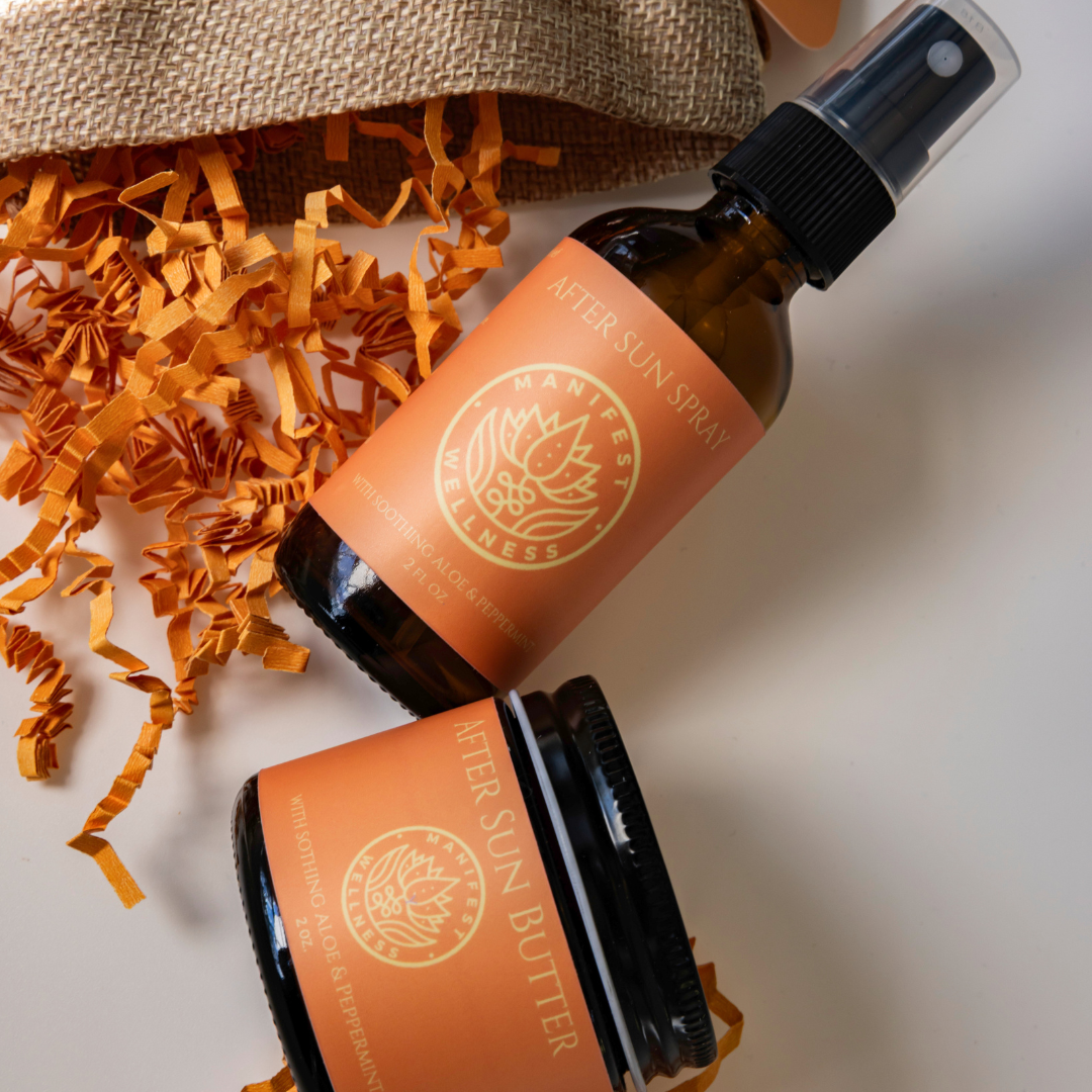 Two travel-size glass bottles, one labeled &