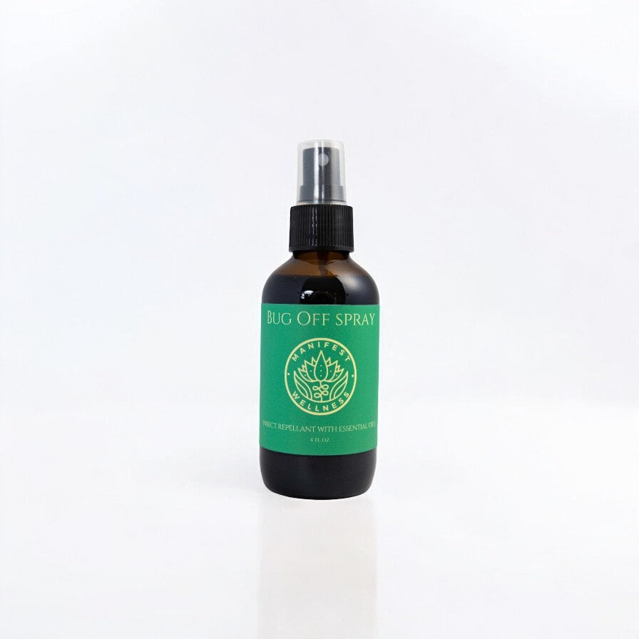 Bug spray glass bottle with green label on a white background