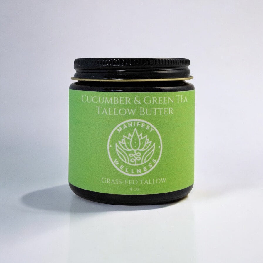 Jar of cucumber and green tea tallow butter from Manifest Wellness on a white background