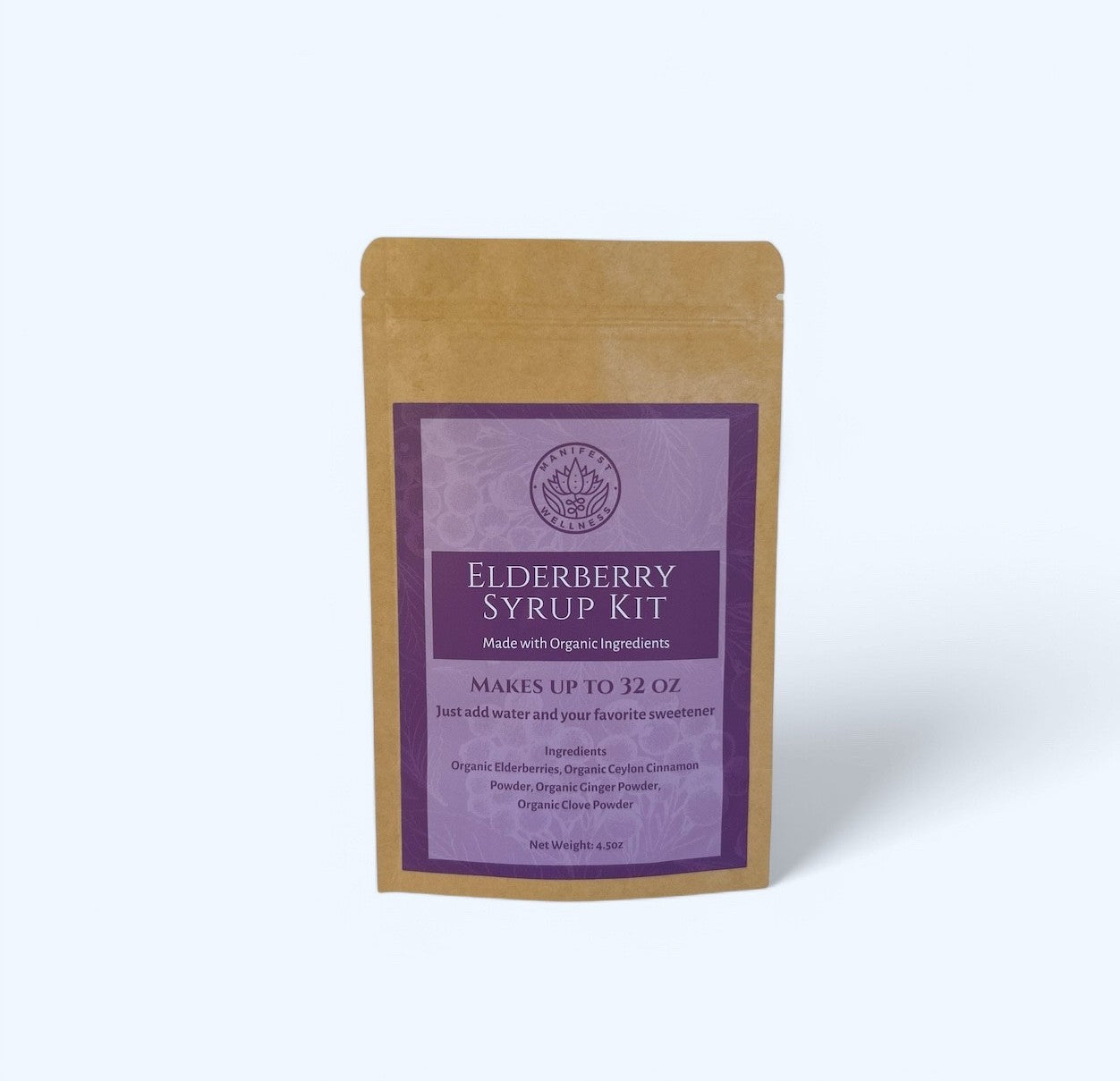 A DIY Elderberry Syrup Kit in a kraft bag packaging on a white surface.