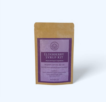 A DIY Elderberry Syrup Kit in a kraft bag packaging on a white surface.