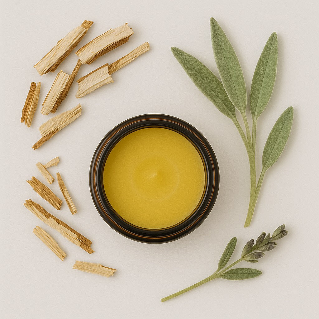 Looking down on an open glass jar of manifest wellness brand cramp balm on a white background with cramp bark and herbs around.