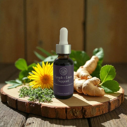 A 1oz amber glass dropper bottle with a white dropper containing Lymph and Liver support tincture. 