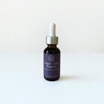 A 1oz amber glass dropper bottle with a white lid of Lymph and Liver Support Tincture