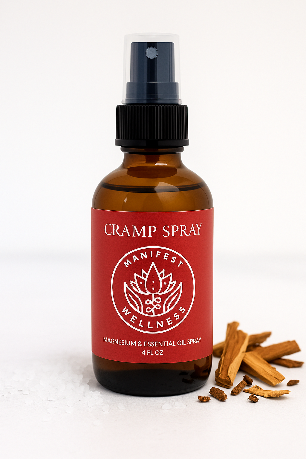 A 4 oz amber glass bottle of Magnesium Cramp Spray with a black spray top.