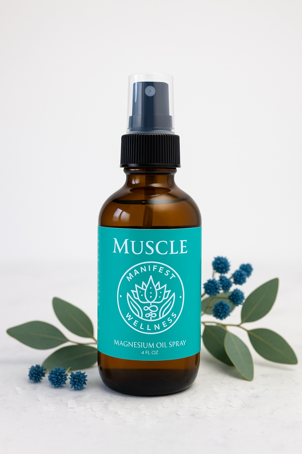 A 4 oz. amber glass bottle of Magnesium Muscle Spray with a black sprayer lid.